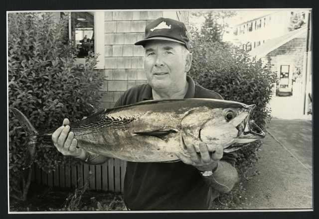 Don MacGillivray of	Vineyard Haven with a monster 19.39-pound false albacore from the 1990 tournament.